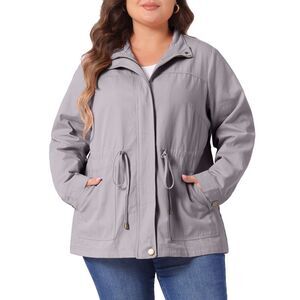 Plus Size Lightweight Anorak Drawstring Utility Jackets Light Grey